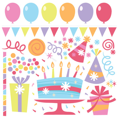 A vector illustration of retro birthday clip arts like balloons, gifts, cupcakes, cake, ribbons, stars and confetti.のイラスト素材