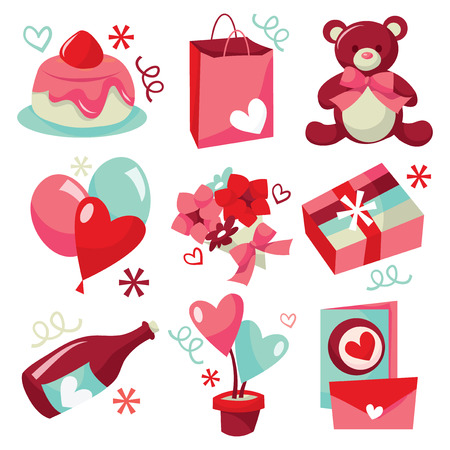A collection of nine different valentine's day related vector illustration icons.のイラスト素材