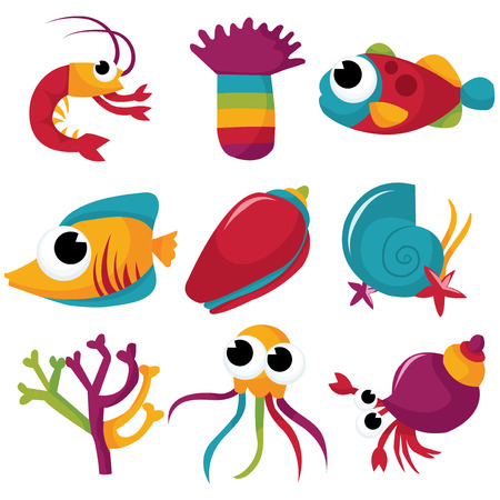 A set of colorful sea creatures cartoon vector stock illustration.のイラスト素材