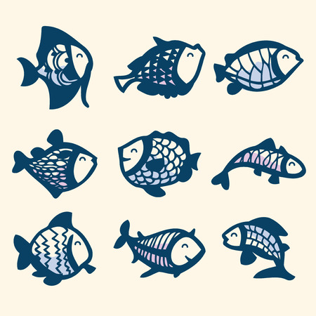 A vector illustration of ink stained fish doodles.のイラスト素材