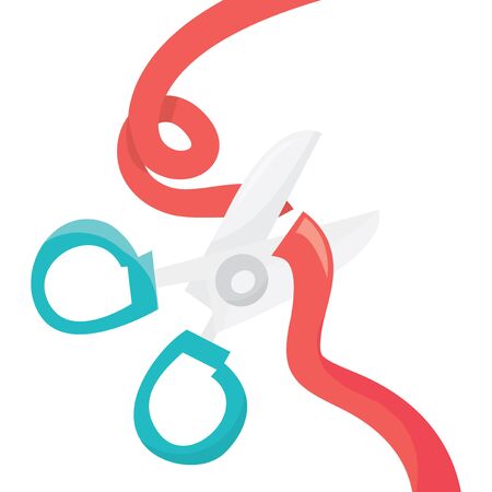A cartoon vector illustration of a scissor cutting ribbon.のイラスト素材