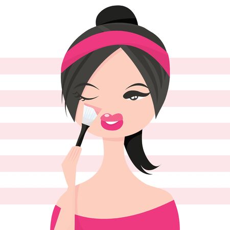 A cute girl applying makeup with a blush brush vector illustration.のイラスト素材