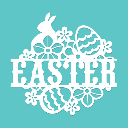 This image is a vintage paper cut easter floral egg rabbit title.のイラスト素材