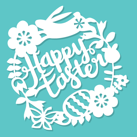This illustration is a vintage paper cut floral frame lace with happy easter lettering. The frame lace is composed of flowers, leaves, vines, rabbits, and easter phrase. The paper cut is set against a blue background.のイラスト素材