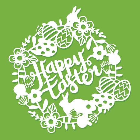 This illustration is a vintage paper cut floral frame lace with happy easter lettering. The frame lace is composed of flowers, leaves, vines, rabbits, and easter phrase. The paper cut is set against a green background.のイラスト素材
