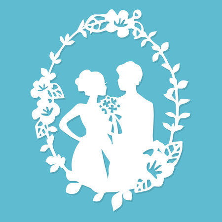 A vector illustration of vintage silhouette wedding groom bride wreath frame in paper cut style.のイラスト素材