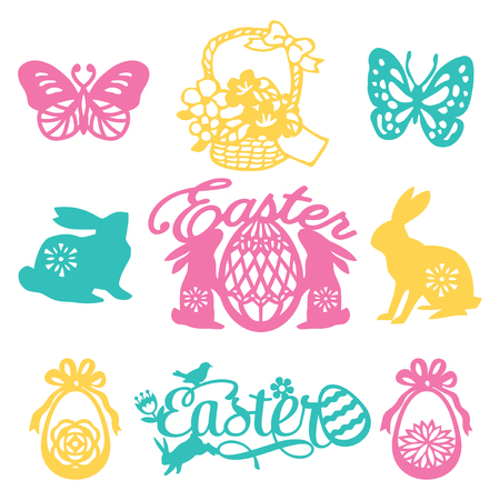 A vector illustration of 9 assorted vintage paper cut silhouette easter filigree set like easter phrases, easter eggs, easter animals, flowers and other spring theme filigree.のイラスト素材