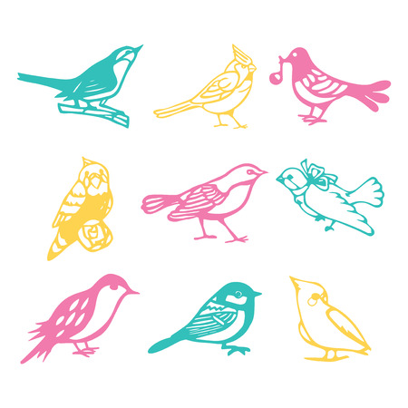 A vector illustration of 9 vintage silhouette birds paper cut designs.のイラスト素材