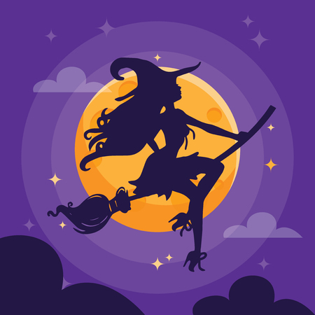 A illustration of a sexy witch silhouette over a purple dark halloween night sky.のイラスト素材