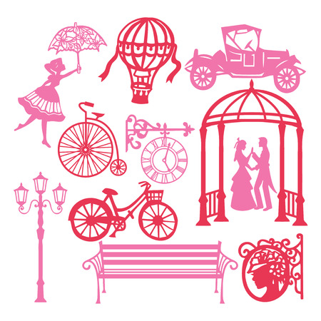 A vector illustration of paper cut silhouette vintage victorian design elements set like antique objects, vintage cars and home items.のイラスト素材