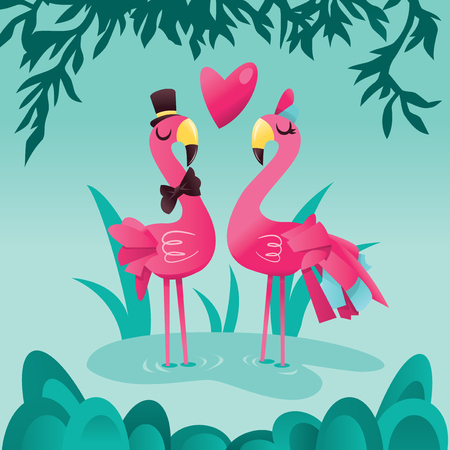 A cartoon vector illustration of a pair of cute pink flamingos in a tropical lake background.のイラスト素材