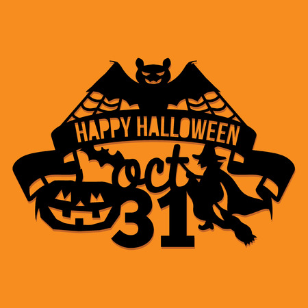 A vector illustration of a paper cut silhouette halloween bat spider web party invitation banner. The halloween banner is made of pumpkin, bats, witch and lettering.のイラスト素材