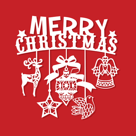 A vector illustration of  a vintage merry christmas hanging decorations paper cut.のイラスト素材