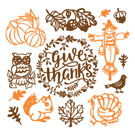 A vector illustration of assorted vintage thanksgiving fall paper cut design elements set like turkey, scarecrow, pumpkins and more.のイラスト素材