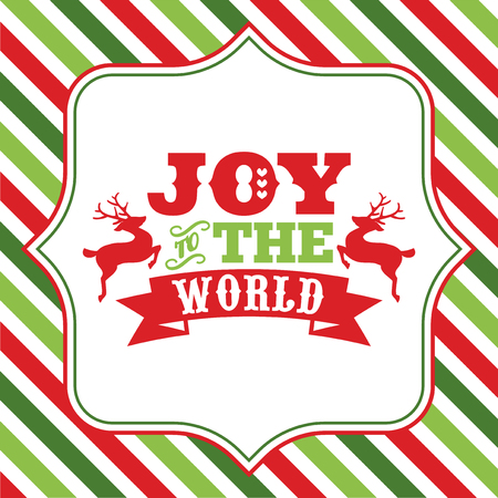 A vector illustration of christmas word art with joy to the world phrase on a fancy frame against a colorful Christmas theme striped background.のイラスト素材