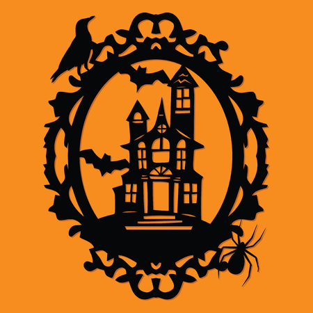 A vector illustration of a paper cut silhouette halloween spooky manor mansion ornate frame.のイラスト素材
