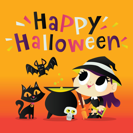 Illustration of a super cute witch holding a broom in front of a magic cauldron, black cat and a bat with fun happy halloween phrase.のイラスト素材