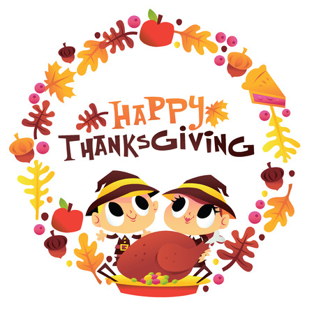 Illustration of a super cute happy thanksgiving pilgrim boy and girl wreath.のイラスト素材