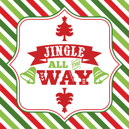 A vector illustration of christmas word art with jingle all the way sayings phrase on a fancy frame against a colorful christmas theme green and red stripe background.のイラスト素材