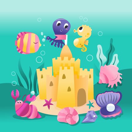 A cartoon vector illustration of underwater sand castle with sea creatures like fish, octopus and sea shells.のイラスト素材