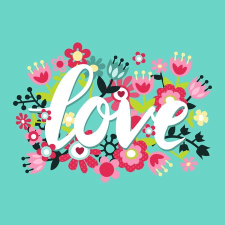 A vector illustration of retro pretty flowers with love phrase.のイラスト素材