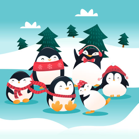 A cartoon vector illustration set of super cute holiday penguin group in winter landscape.のイラスト素材