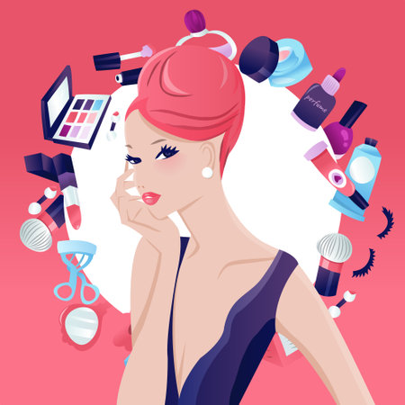 A vector illustration of a glamorous chic updo hair girl with beauty makeup accessories on pink background.のイラスト素材