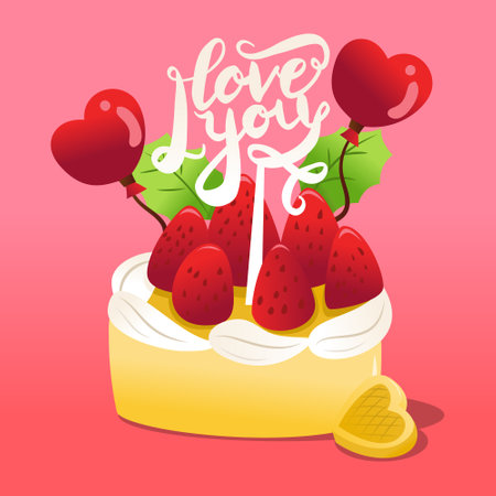 A cartoon vector illustration of a strawberries cake with i love you cake topper and heart shaped balloons.のイラスト素材