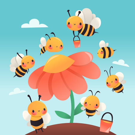 A cartoon vector illustration of various cute honey bees surrounding a giant flower in a garden.のイラスト素材