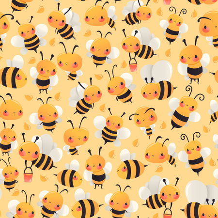 A cartoon vector illustration of various honey bees in different poses seamless pattern yellow base background.のイラスト素材