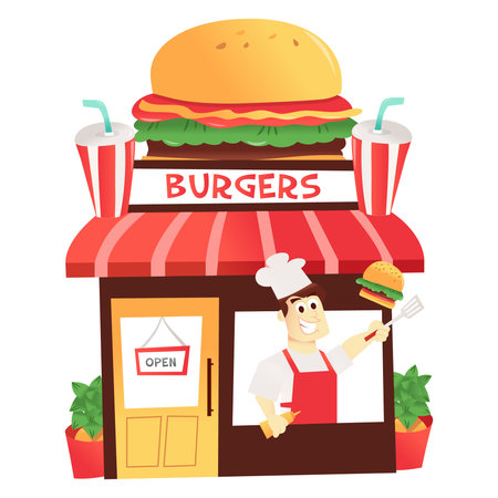 A cartoon vector illustration of a fun colorful burger shop with chef at the window.のイラスト素材