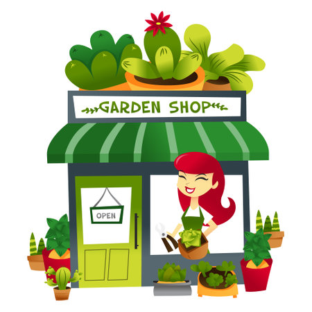 A cartoon vector illustration of a garden shop and storekeeper at the window.のイラスト素材