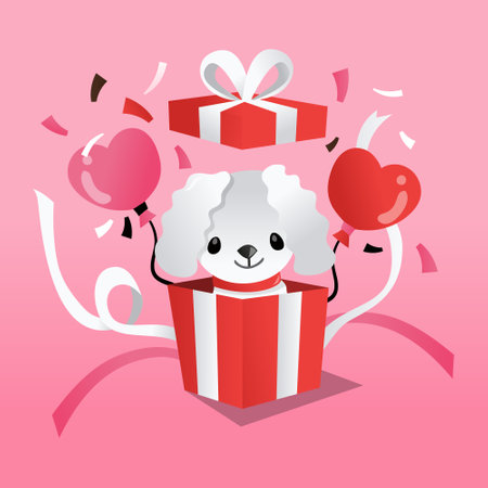 A cartoon vector illustration of a cute white maltese puppy in a surprise gift box on a pink background.のイラスト素材
