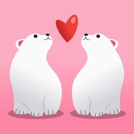 A cartoon vector illustration of two cute white polar bears in love on pink background.のイラスト素材