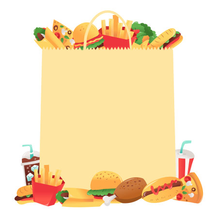 A cartoon vector illustration of various fast food inside and outside of a paper bag with empty copy space area to put marketing text.のイラスト素材