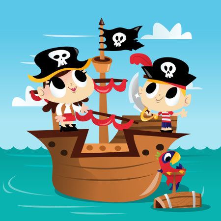 A cartoon vector illustration of a super cute pirate ship adventure scene. Two pirate kids are standing on pirate ship and a parrot on floating barrel at the sea.のイラスト素材