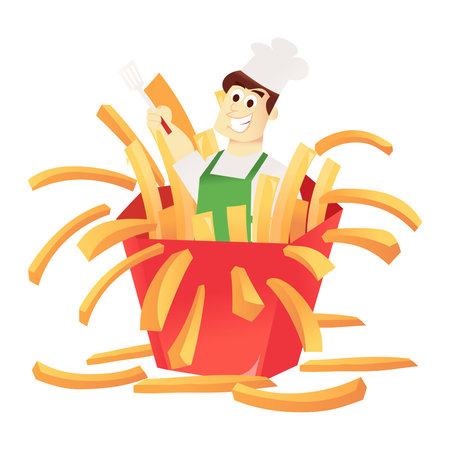 A cartoon vector illustration of a chef jumping out of a large french fries for a surprise.