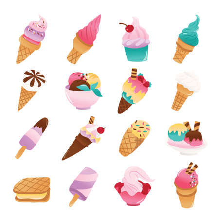 A cartoon vector illustration of different various ice creams, sundaes and ice popsicles.のイラスト素材