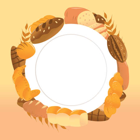 A cartoon vector illustration of various fresh bread around a white plate copy space on a biege background.のイラスト素材