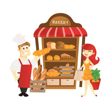 A cartoon vector illustration of a bakery stall storekeeper holding a baguette and a girl shopper.のイラスト素材