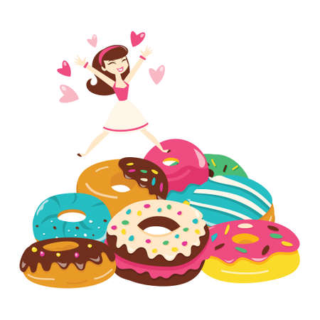 A cartoon vector illustration of woman jumping out of joy at a pile of cute colorful donuts collection.のイラスト素材