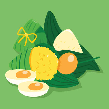 A cartoon vector illustration of various chinese rice dumplings zongzhi on a green background.のイラスト素材