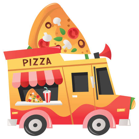 A cartoon vector illustration of a pizza truck.のイラスト素材