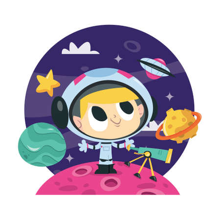 A cartoon vector illustration of a super cute astronaut boy against a dark blue cosmic sky.のイラスト素材