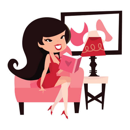 A cartoon vector illustration of a cute retro pinup girl reading a book in a living room.のイラスト素材