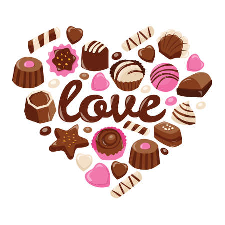 A cartoon vector illustration of sweet valentine chocolate arranged in a heart shape with the phrase love.のイラスト素材