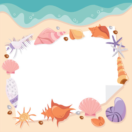 A cartoon vector illustration of seashells and paper on beach background.のイラスト素材