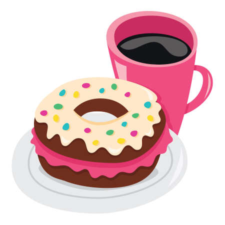 A cartoon vector illustration of a pink cup of coffee and colorful donut on a plate.のイラスト素材