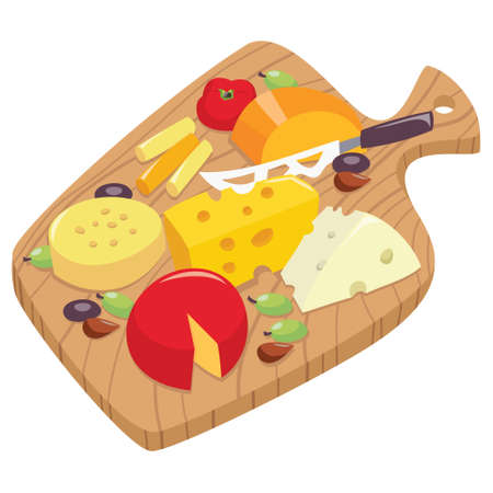 A cartoon vector illustration of various cheeses on a wooden board.のイラスト素材
