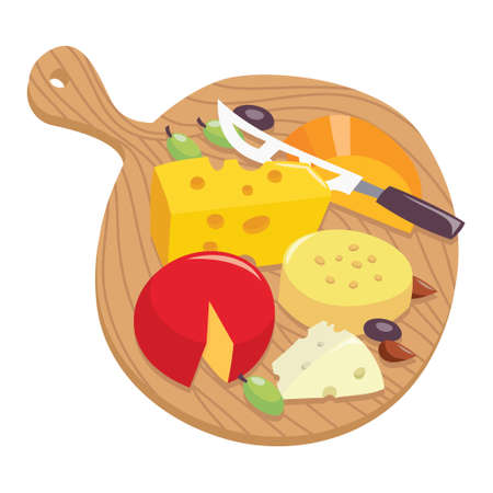 A cartoon vector illustration of various cheeses on a round wooden board.のイラスト素材